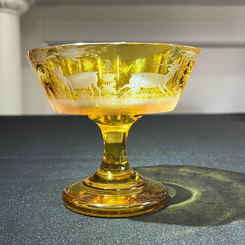 Antique etched amber glass compote deer trees 3.75"
